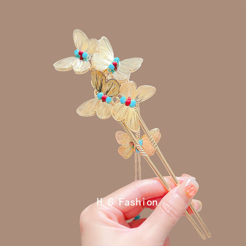 New Chinese-style exquisite golden butterfly tassel hairpin, high-end U-shaped Hanfu updo cheongsam hairpin, hair accessory and hairpin details Picture