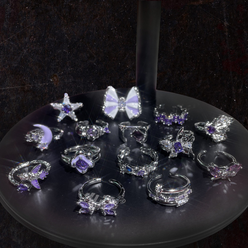 Exquisite starry purple diamond Zircon series open ring for women's fashion, light luxury, ins niche design, sweet and cool ring full figure