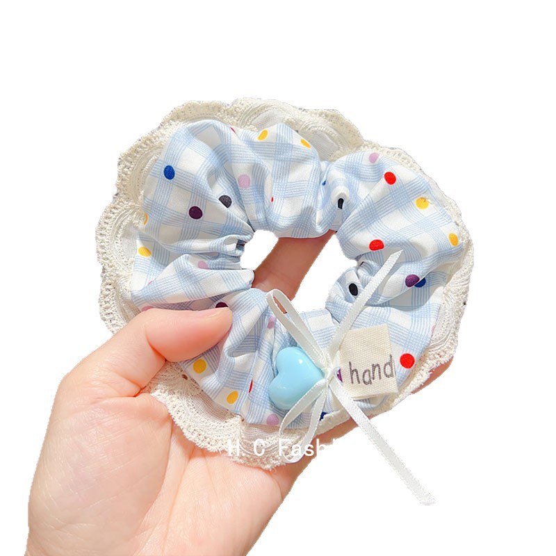 Romantic dopamine pink bow polka dot lace large intestine hair band, a high-end Korean-style sweet hair tie accessory for women Item Picture