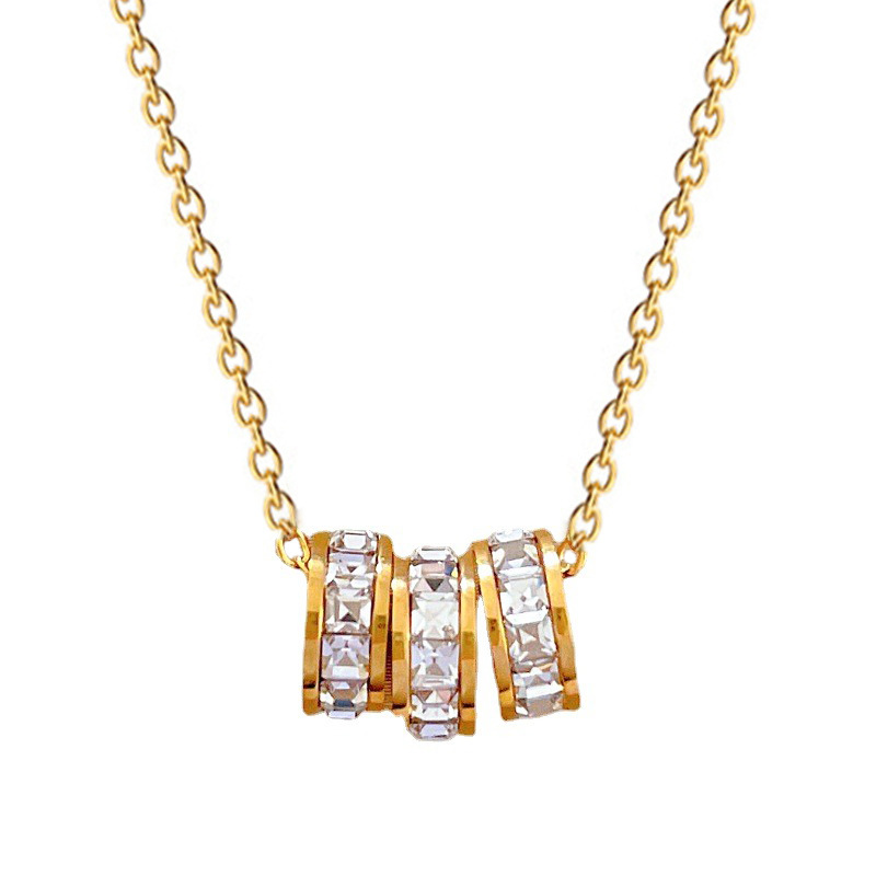 【 All-titanium Steel 】 Three-ring diamond-encrusted mini waist minimalist style furnace real gold necklace, female Instagram Internet celebrity collarbone chain Item Picture
