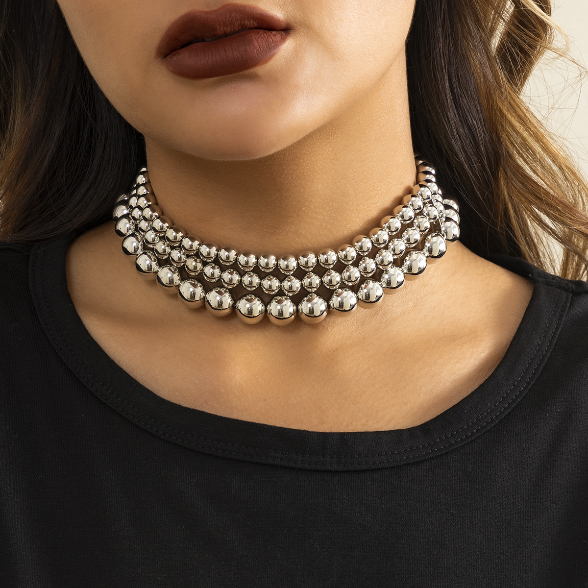 European and American cross-border jewelry, exaggerated beaded multi-layer layered punk necklace, niche and simple round beaded chain necklace for women Specification drawing