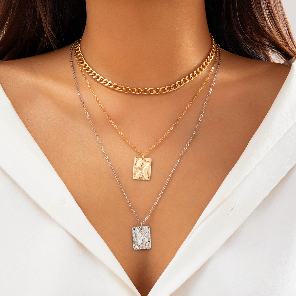 European and American cross-border jewelry, fashionable stacked hip-hop set, square brand necklace, metal chain, niche and unique necklace for women Specification drawing
