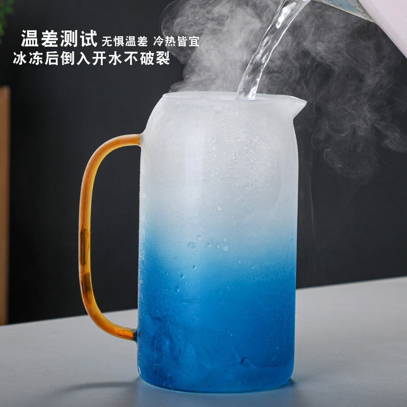 Thickened gradient blue marble glass cold water kettle, household fashionable and creative large-mouth colorful handle cold water kettle details Picture