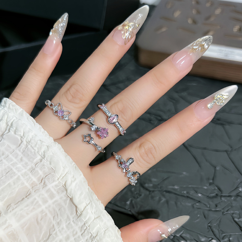 Korean sweet pink diamond lace butterfly star small and exquisite light luxury high-end ring for women's Instagram niche ring Specification drawing