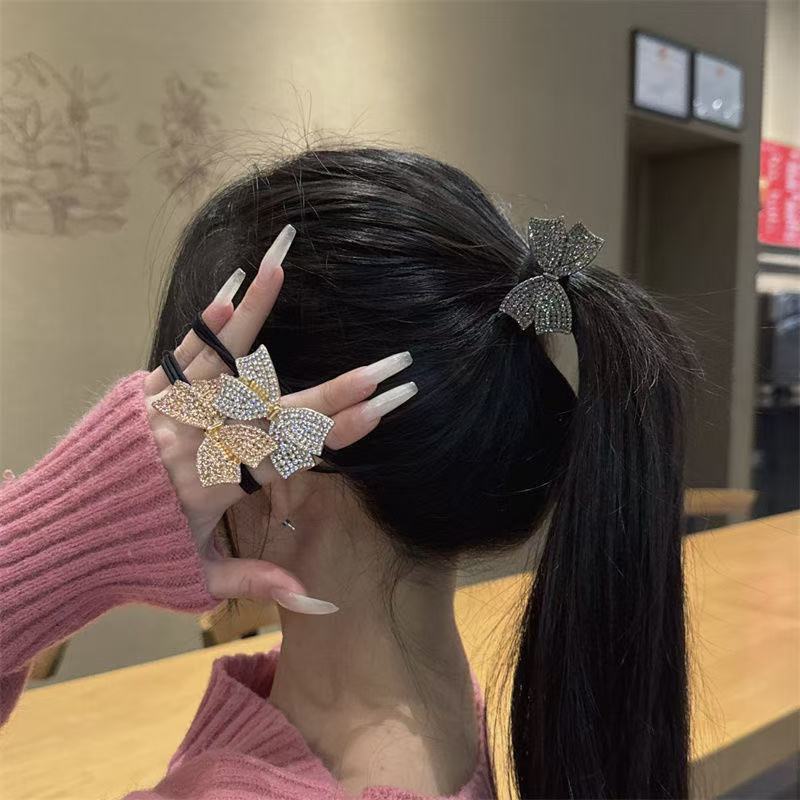 New bow diamond hair tie, black ponytail style hair tie, high-elasticity and durable bun hair band full figure