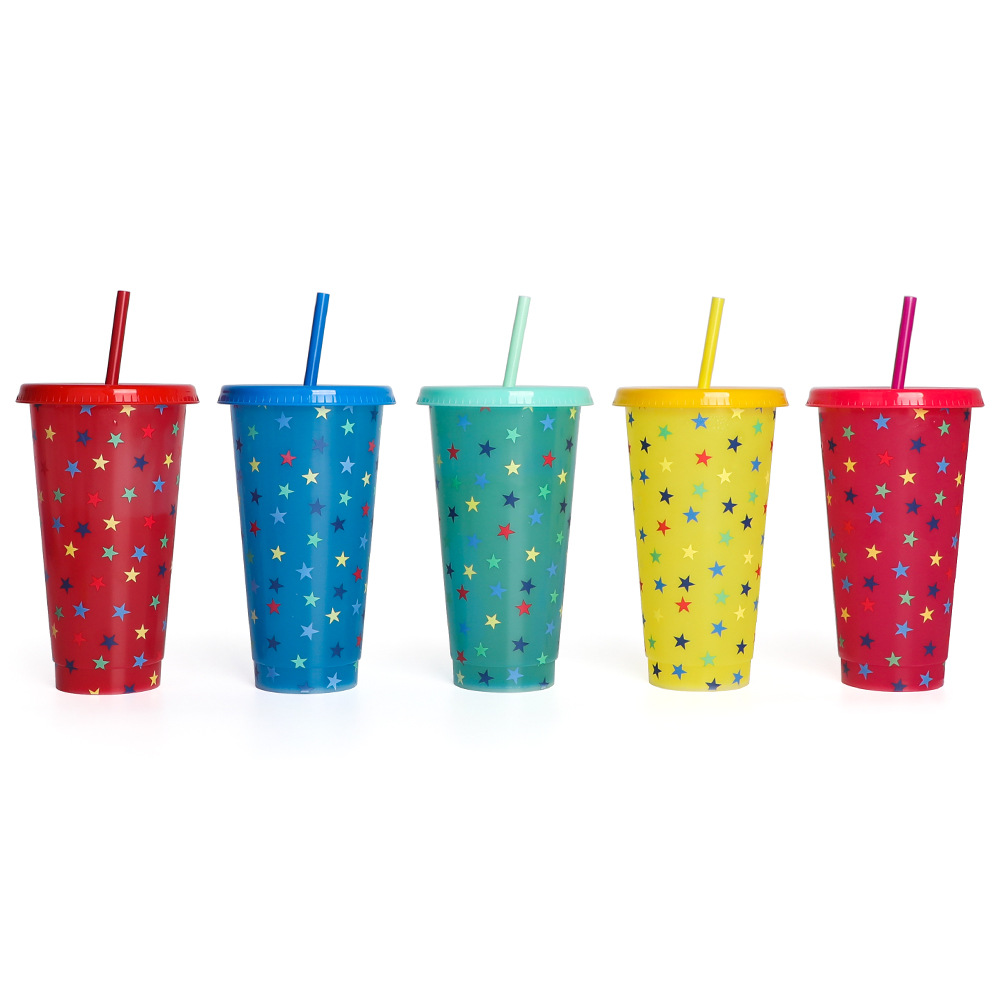 Factory direct supply of new temperature-sensitive plastic color-changing cups, single-layer beverage fruit tea cups that change color when cold, PP straw water cups Item Picture