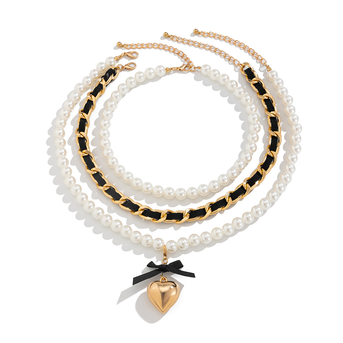 European and American cross-border jewelry fashion pearl ribbon beaded Necklace high-end heart pendant Necklace set Item Picture