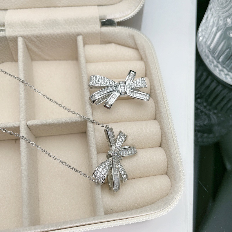 Light luxury bow, full diamond, high-end ring, necklace set, women's quality, versatile ring, niche fashion collarbone chain details Picture