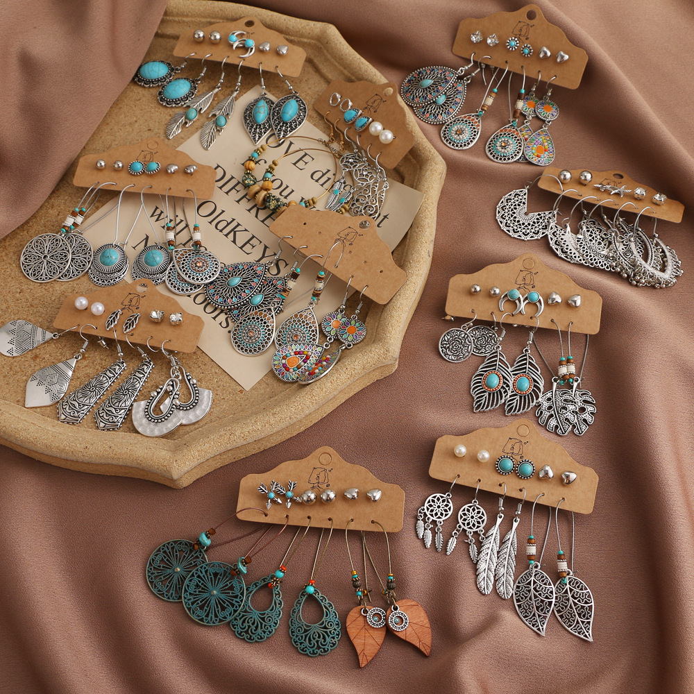 A 6-piece Bohemian-style earring set with tassels and pendants in the Korean jewelry world, featuring cross-border retro ethnic style earrings full figure