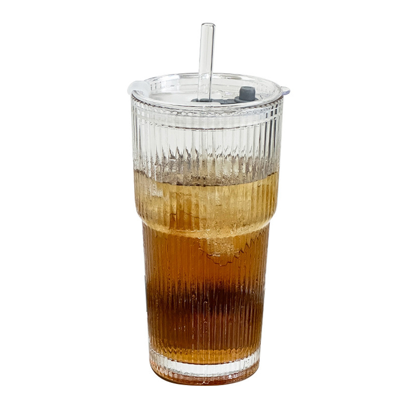Cross-border high-appearancelevel coffee cup, thickened with lid and straw, vertical striped glass water cup, ins style, large-capacity cup Item Picture