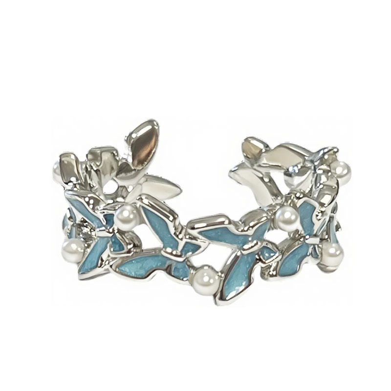 Summer forest-themed drip-glazed butterfly pearl inlaid elegant open ring, a cold and feminine style, unique and versatile ring Item Picture