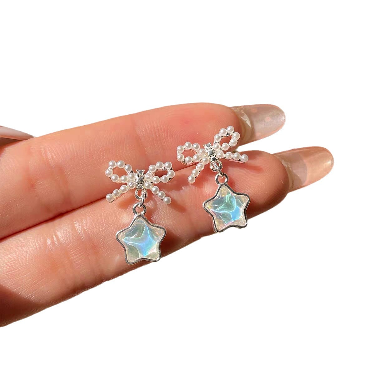Super suitable for summer ~ Fresh and clear blue star moon pendant, pearl earrings, stud earrings, women's Instagram trendy earrings Item Picture