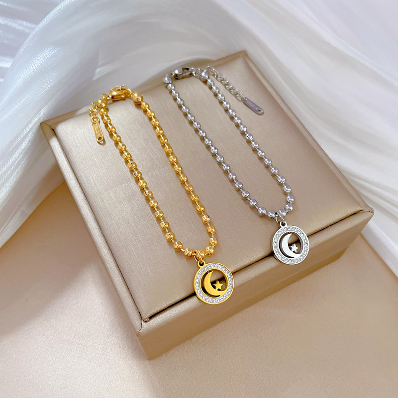 【 All-titanium Steel 】 Dongdaemun Personalized Star Moon Mud Diamond round bead furnace gold bracelet Female Internet celebrity retro best friend details Picture
