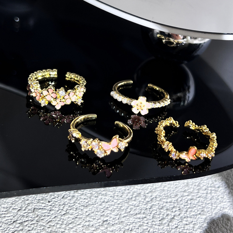 Summer peach blossom pink flower enamel open ring for female butterflies, sweet and cool style, versatile, exquisite and cold style ring Application Scenario