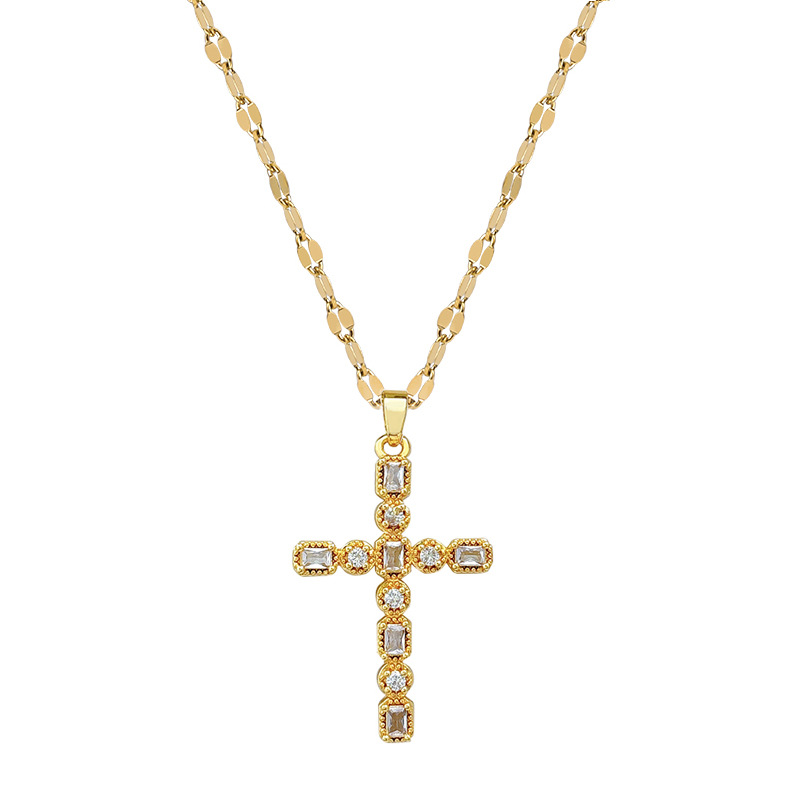 【 Titanium Steel 】 Full diamond cross, light luxury style, zircon collarbone chain, small and trendy on Instagram, retro titanium steel necklace Item Picture