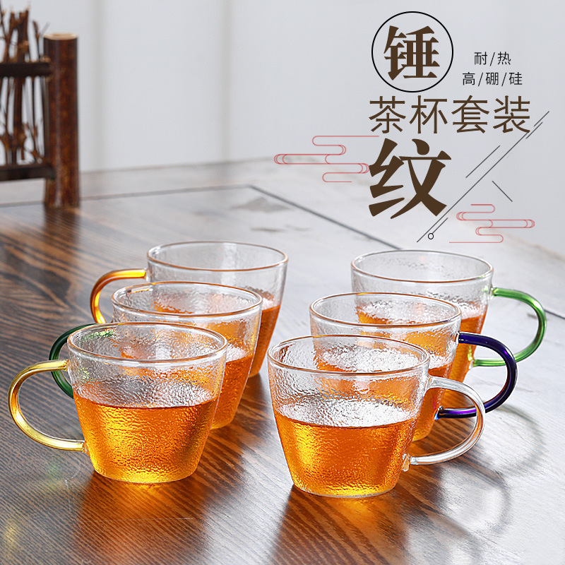 Wholesale high-quality hammered glass cups, household drinking cups that can be heated directly over an open flame, thickened colored handles, small tea cups and tasting cups Specification drawing