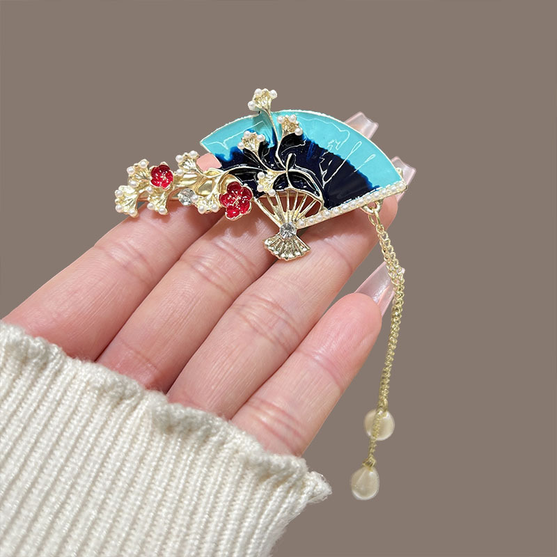 Ancient-style fan tassel hair clips, retro-style step hairpins, Hanfu side bangs clips, new Chinese-style duckbeak clips accessories Specification drawing