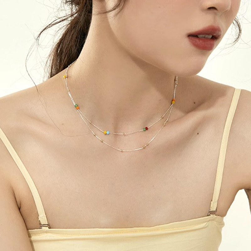 Rainbow Sweet Bean Summer Layered round beaded silver Necklace for women, fashionable and versatile collarbone chain wholesale details Picture