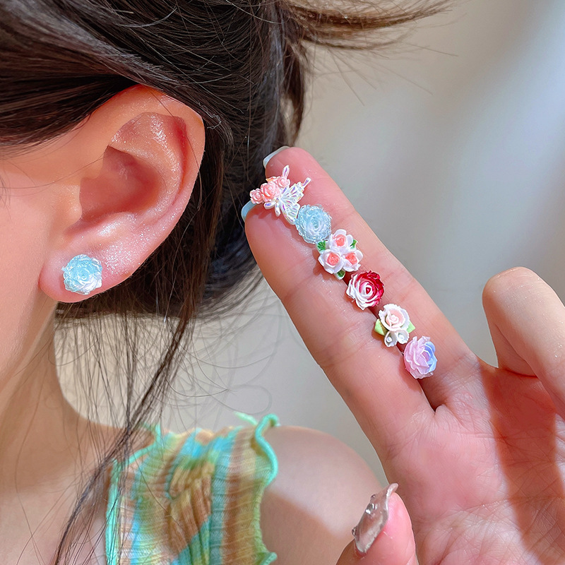 Six pairs of pink flower-shaped butterfly earrings, resin set, stud earrings, sweet, fresh and simple design for women details Picture