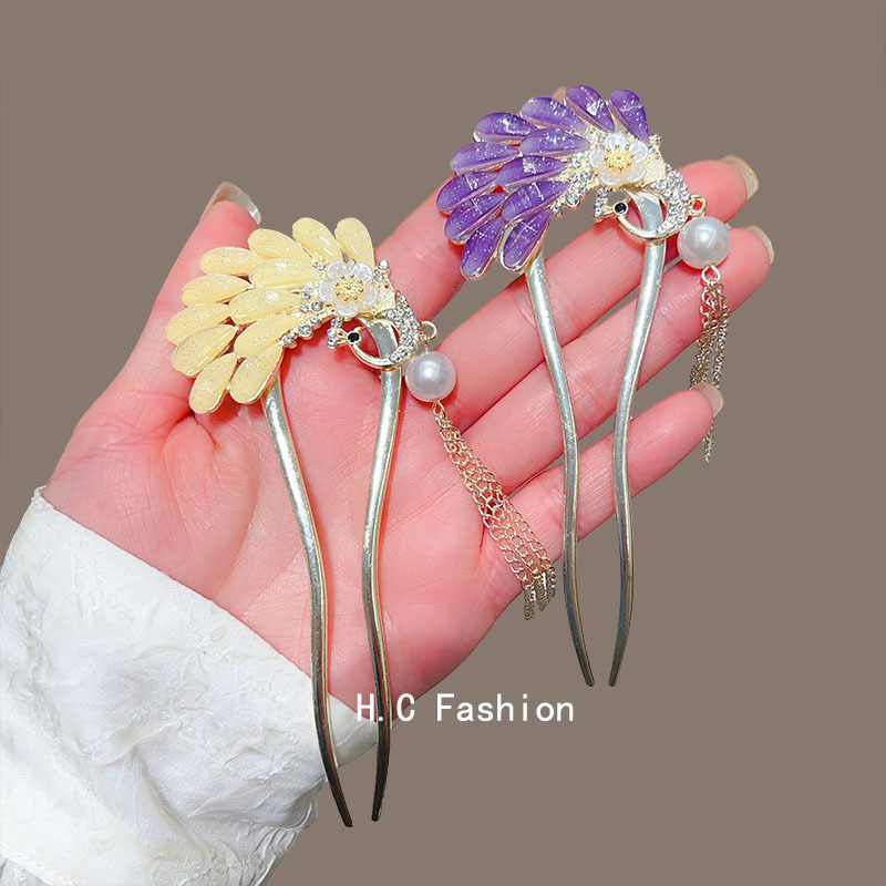 Ancient-style peacock tassel U-shaped hairpin for women, new Chinese-style pearl updo hairpin, cheongsam Hanfu, and step hairpin Specification drawing