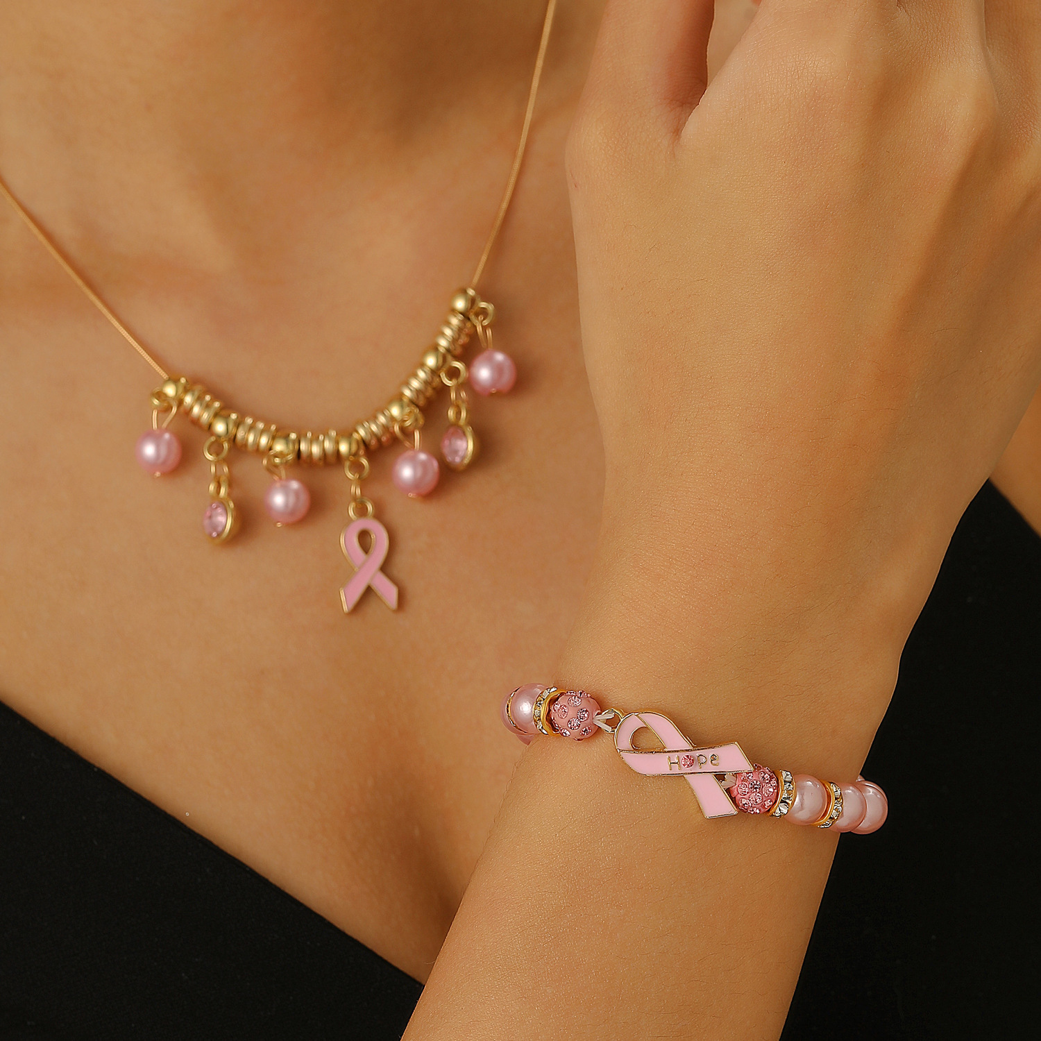 European and American cross-border jewelry, breast logo pink ribbon pearl bracelet necklace set, ins Shambhala jewelry for women Application Scenario
