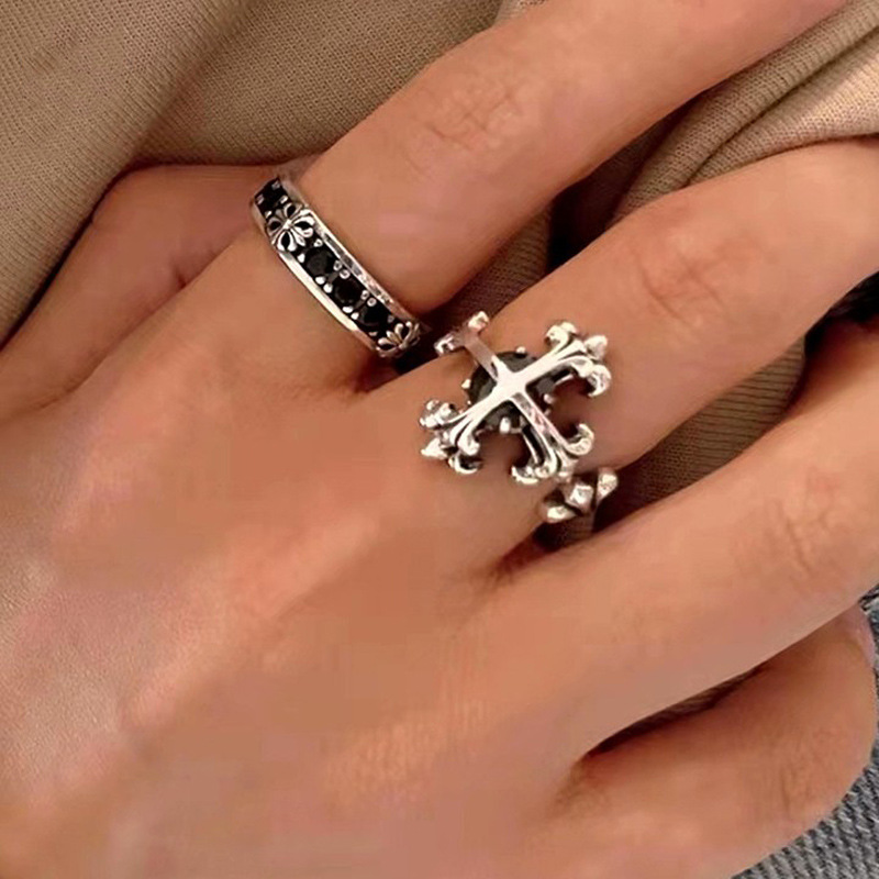 Hip-hop aged cross black zircon inlaid open ring, trendy and niche design, high-end and personalized ring full figure