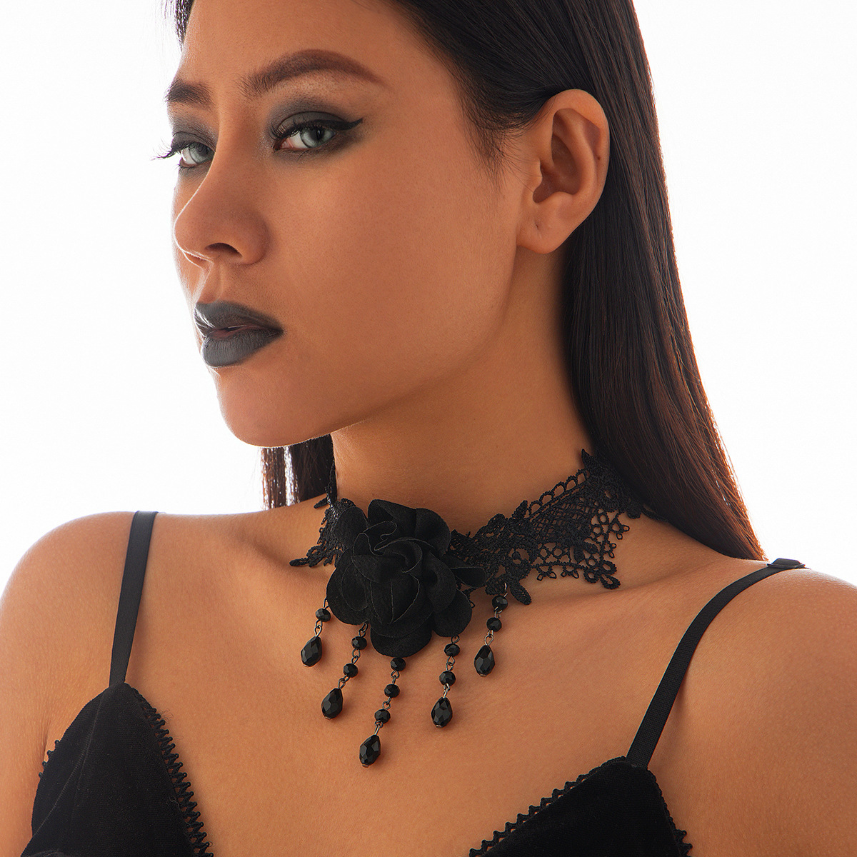 European and American cross-border jewelry, personalized black lace tassel pendant necklace, Gothic choker crystal collarbone chain details Picture