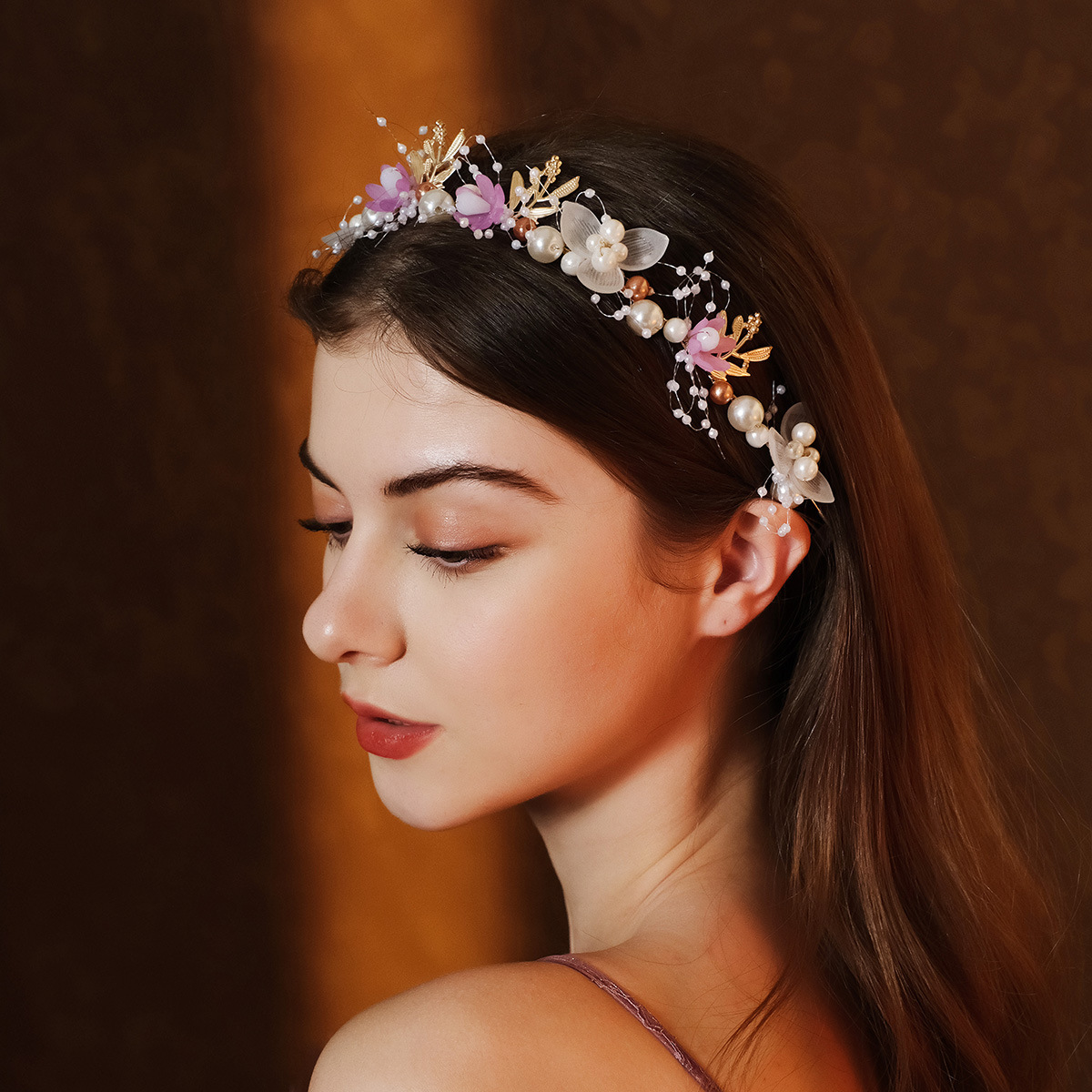 New sweet bride headband, handcrafted beaded children's hair accessory, golden leaf brined headband, pearl flower headband full figure