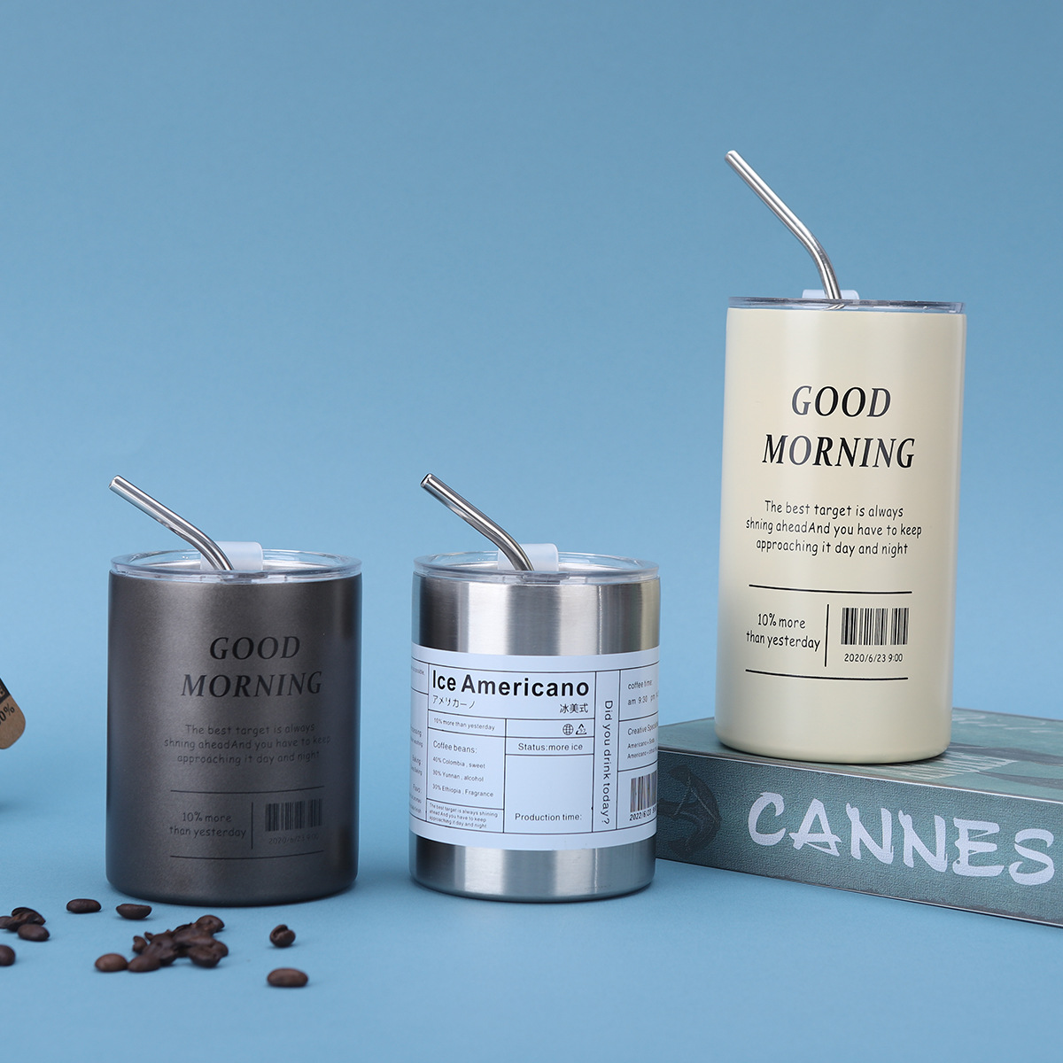 Foreign trade 304 stainless steel iced Americano cup, vacuum double-layer cup with straw, straight cup, household portable insulated cup full figure