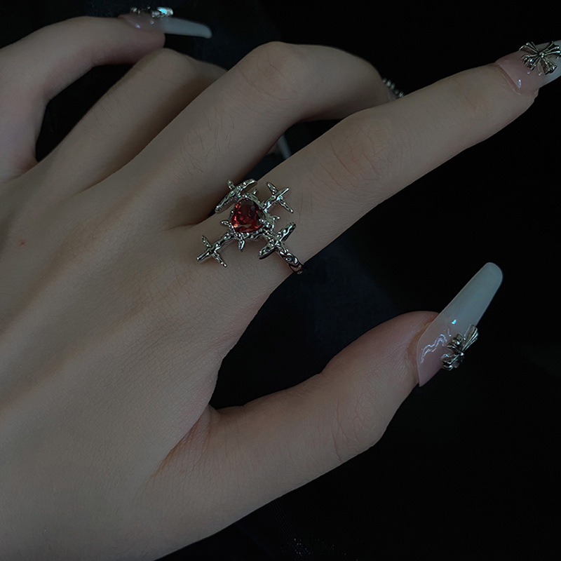 Hip-hop personality, niche design, dark cross open ring, female heart, red zircon, cool and fashionable ring Application Scenario