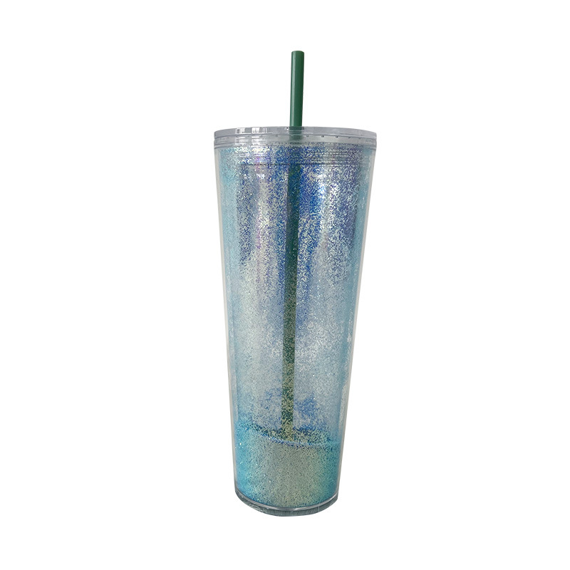 Wholesale personalized double-layer laser glitter straw cups, girls' plastic cups, drinking cups, students' water cups 710ml Item Picture