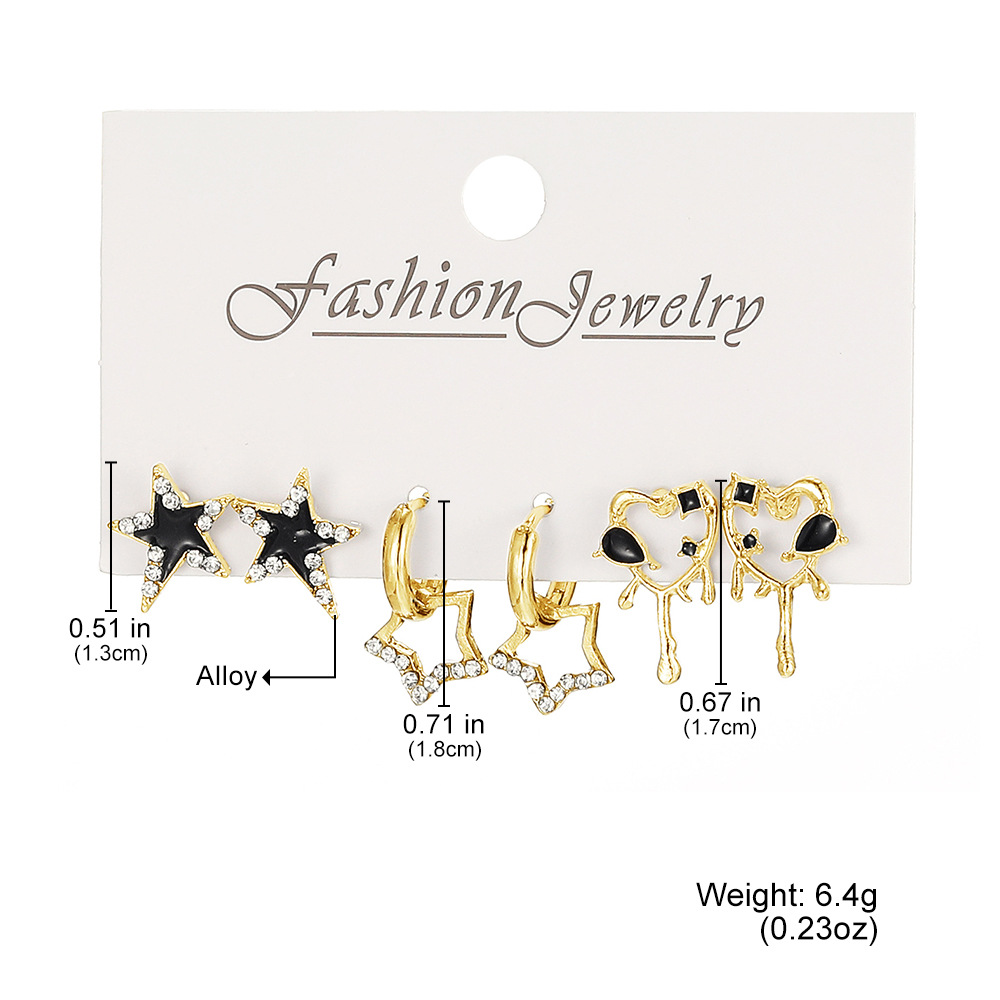 Fresh and sweet diamond-encrusted star stud liquid heart-shaped tassel metal earrings women's fashion earring set of 3 pairs details Picture