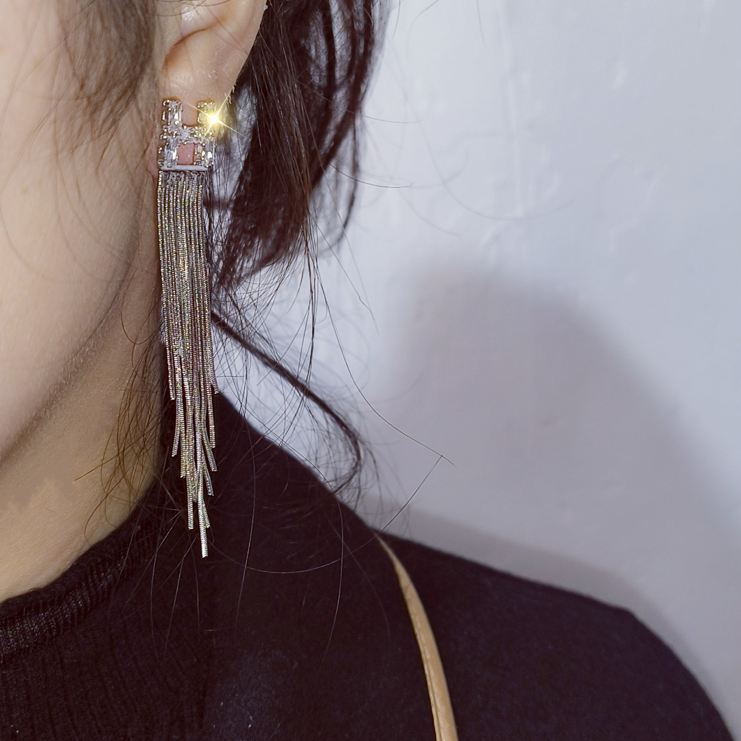 Light luxury Korean-style long fringed zircon H-letter stud earrings and earrings with a feminine, high-end and niche design sense details Picture