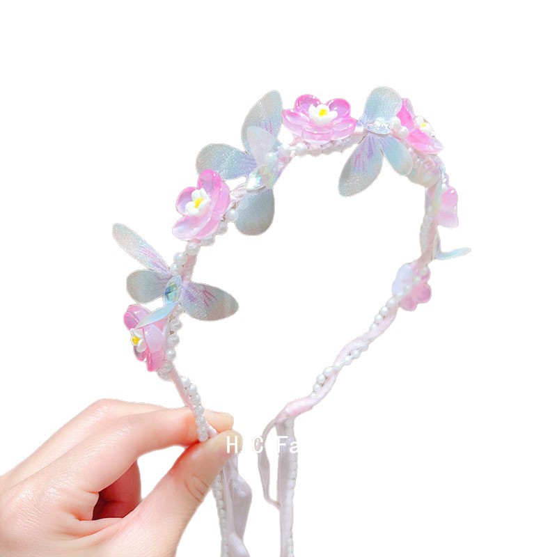 Girls' flower wreath headband, ribbon princess butterfly flower braid headpiece, ancient style super fairy-like children's headband, children's hair accessory Item Picture