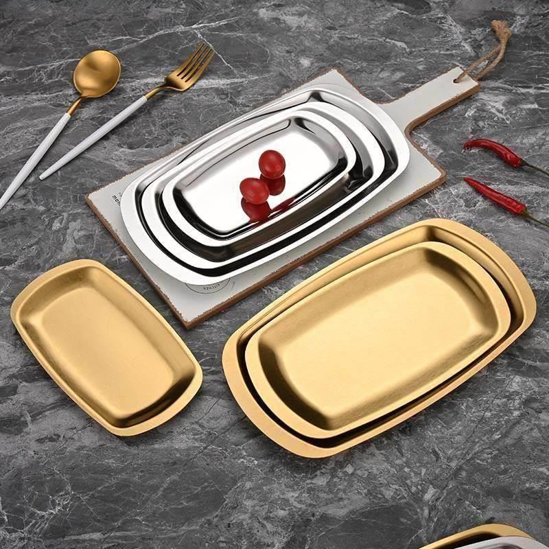 Stainless steel Korean-style rectangular plate, hot pot beef plate, barbecue plate, vegetable plate, flat bottom tray, thickened square plate, barbecue plate details Picture