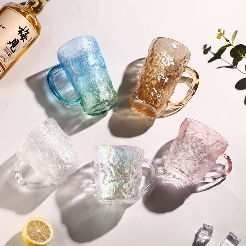 Gradient glacier patterned handle glass cup, ins style, high appearance level cup, home beer handle cup, women's frosted feel cup full figure