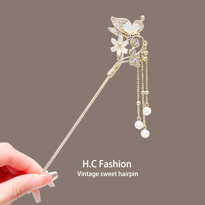 Bu Yao ancient-style Hanfu hairpins, female horse face skirt headwear, cat's eye stone butterfly hairpins, new Chinese-style high-end hair accessories Specification drawing
