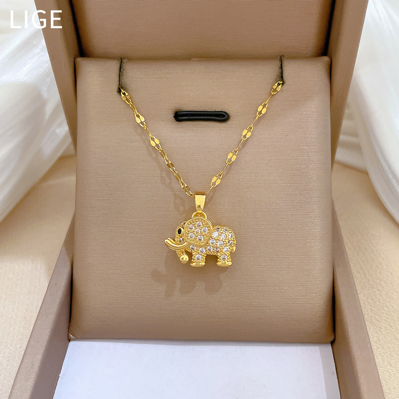 【 Titanium Steel 】 Light luxury micro-inlaid real gold three-dimensional elephant necklace for women, new collarbone chain, light luxury and niche design sense full figure