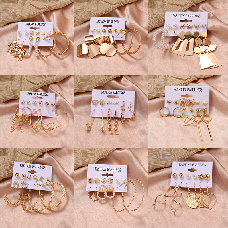 Korean jewelry world: European and American retro pearl rhinestone clasp earrings, geometric tassel pendant earrings set for women full figure