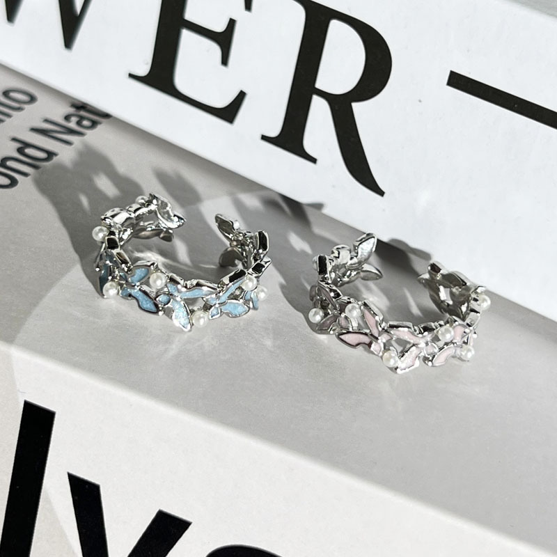 Summer forest-themed drip-glazed butterfly pearl inlaid elegant open ring, a cold and feminine style, unique and versatile ring Specification drawing