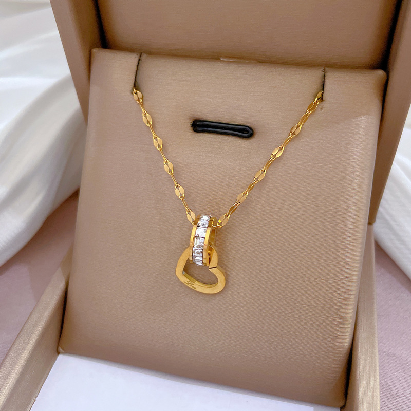 【 All-titanium Steel 】 Heart-shaped ring exquisite gold necklace inside the furnace, female Instagram influencer collarbone chain accessory Specification drawing