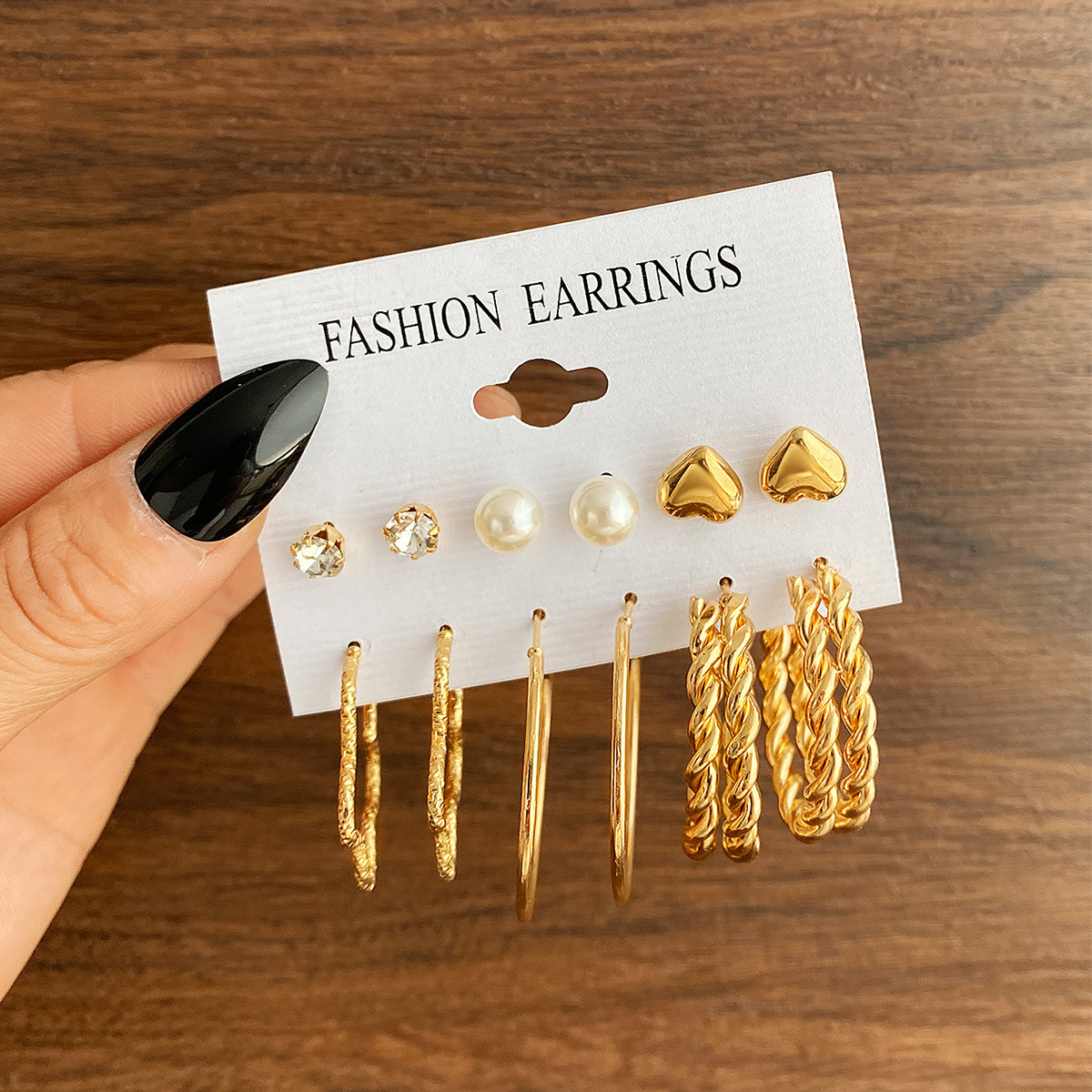 Wholesale of new cross-border star earrings set of 6 pieces, creative, simple and retro pearl pretzel heart-shaped earrings full figure
