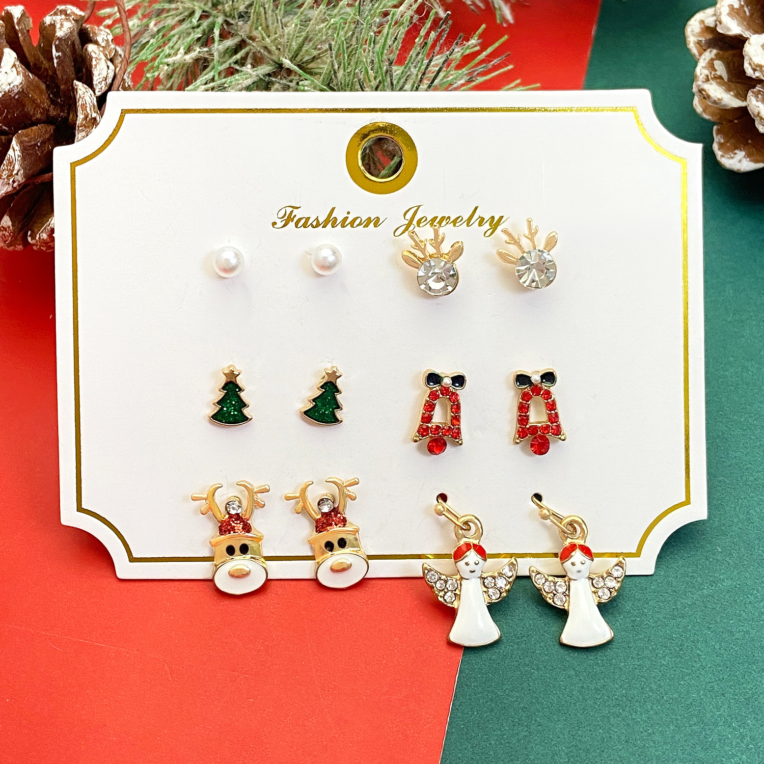 New Christmas earring set for women, European and American creative cartoon reindeer snowflake Santa Claus earring combination set Specification drawing