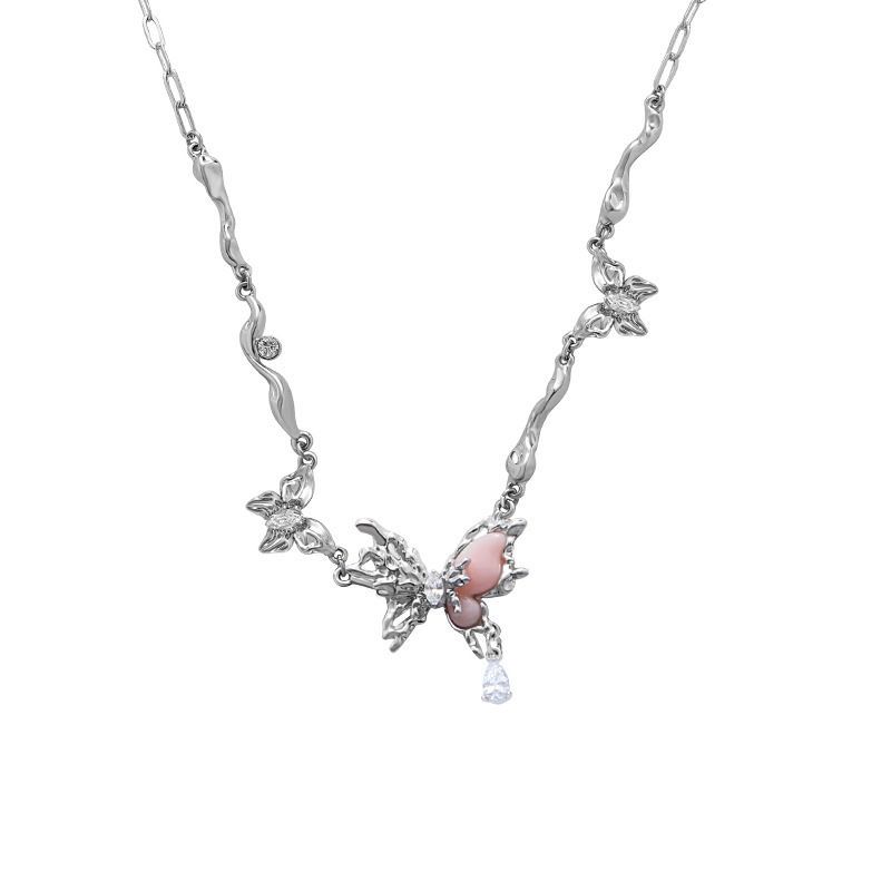 Original pink butterfly necklace, summer women's high-end collarbone chain, metallic Korean-style fashion trend necklace wholesale Item Picture