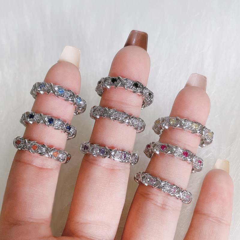 French light luxury cross-colored zircon design sense ring for women, versatile and high-end sparkle diamond open index finger ring Application Scenario