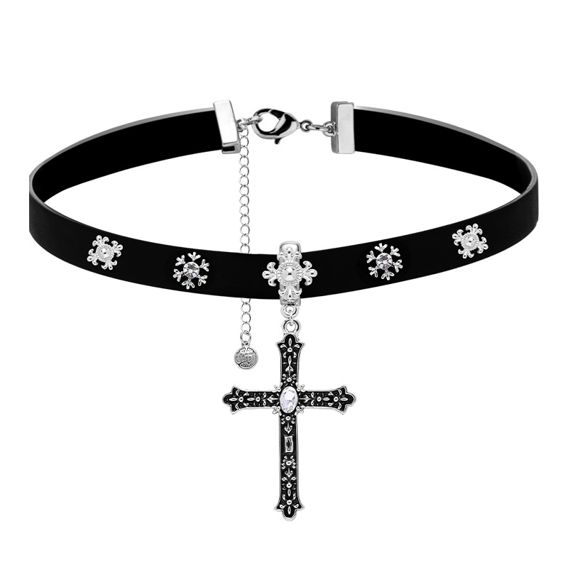 y2k punk-style cross choker necklace for women, high-end hip-hop rock leather neckchain, elegant collarbone chain Item Picture