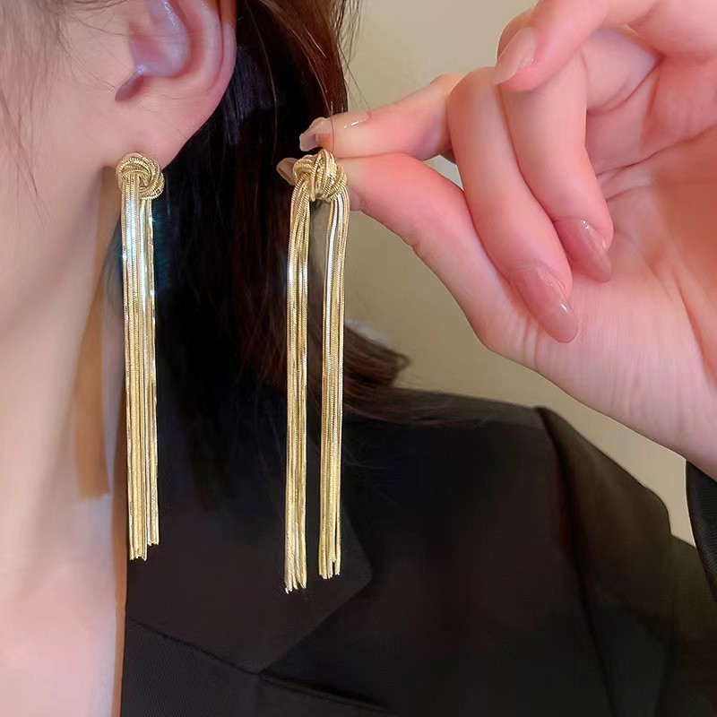 Light luxury and high-end style, versatile European and American long tassel stud earrings, women's ins trendy, individual and fashionable design sense earrings details Picture