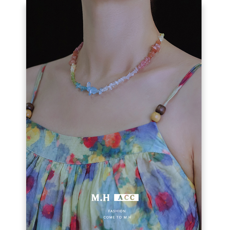 Gradient irregular natural stone beaded necklace, ins elegant, fashionable and versatile dopamine crystal collarbone chain wholesale Specification drawing
