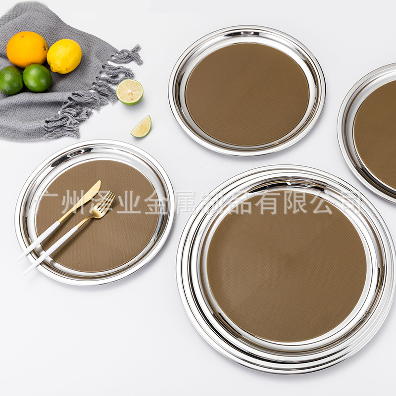 Thickened stainless steel trays, restaurant service plates, fruit plates, tea plates, with heat insulation pads and anti-slip pads full figure