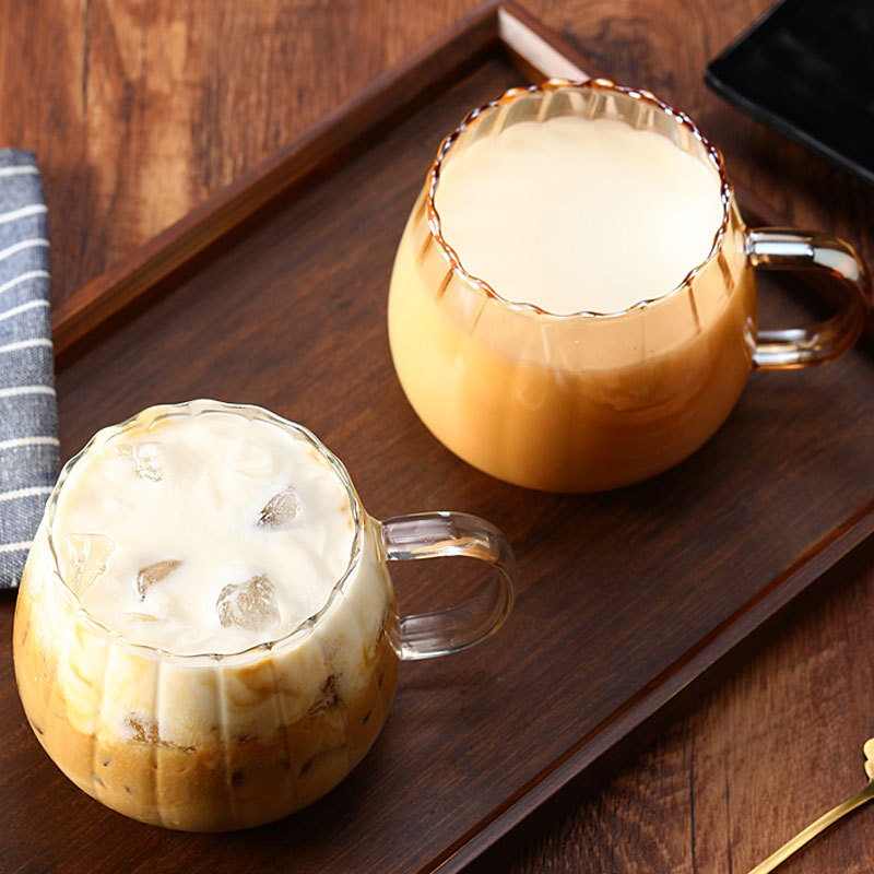 Creative high borosilicate single-layer glass cup with handle, colorful striped garden fun hand juice coffee cup, vertical striped pumpkin cup details Picture